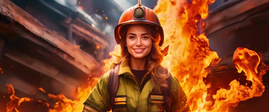 Female firefighter in protective work suit and helmet with fire in the background. Beautiful brave young adult woman saves people lives.
