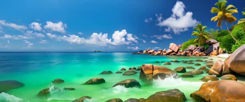 Seychelles Paradise, Praslin Island with Lush Greenery and Granite Boulders. Turquoise Waters and Smooth Granite Rocks Underneath Palm Trees on Praslin Beach