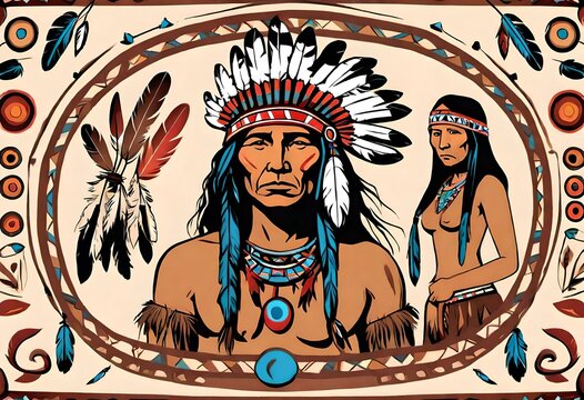 vintage vector clipart of native aboriginal clipart of a chief with headdress and traditional clothes
