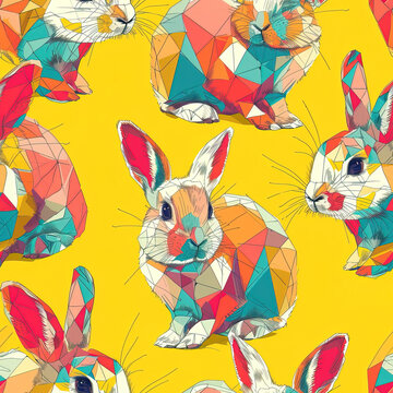Bunny line art cartoon colorful repeat pattern, vibrant colorful bright pop art party funky kawaii