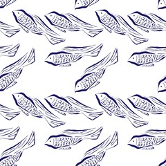 Seamless abstract geometric pattern with blue fishes in white background. Digital brush strokes. Design for textile fabrics, wrapping paper, background, wallpaper, cover.