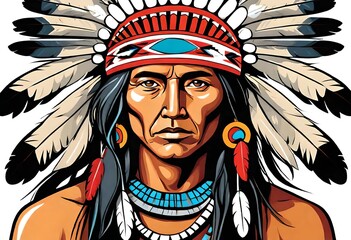 Obraz premium vintage vector clipart of native aboriginal clipart of a chief with headdress and traditional clothes