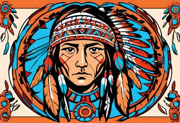 vintage vector clipart of native aboriginal clipart of a chief with headdress and traditional clothes
