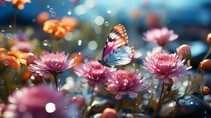 Fototapeta na wymiar flower and butterfly colorfull pastel nature background 
