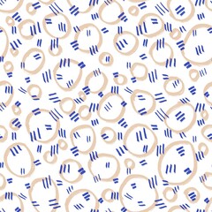 Seamless abstract geometric pattern. Beige, blue, white. Brush strokes circles, dots, lines. Digital texture. Illustration. Design for textile fabrics, wrapping paper, background, wallpaper, cover.