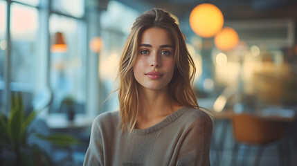 Fototapeta premium A woman with blonde hair and blue eyes poses for a picture. She is wearing a suit. The sun is setting behind her, creating a warm glow.