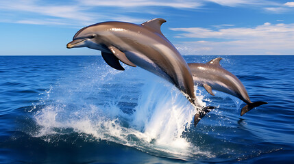 Dolphins leaping out of the ocean.