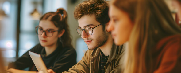 Obraz premium Group of students using digital tablet in cafe. Selective focus.