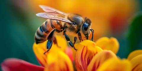 Foto op Aluminium Close-up of a bee pollinating a vibrant flower © xartproduction