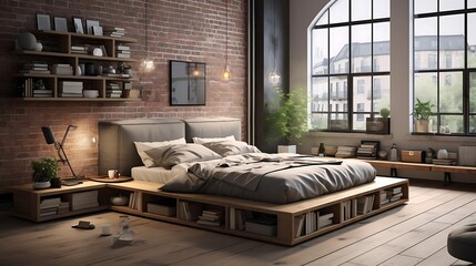 An urban loft bedroom with a platform bed that has under-bed storage drawers - obrazy, fototapety, plakaty