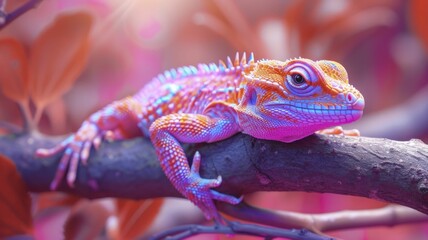 Fototapeta premium Lizard Rests on Branch, Vibrant Skin Against Sorbet Spring Background
