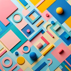 Abstract colored paper texture background. Minimal geometric shapes and lines in blue, pink, green, yellow colors