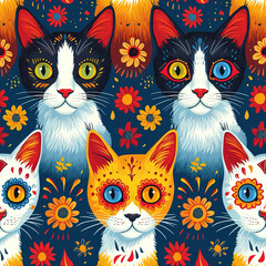 Obraz premium Cat sugar skull cute floral funny Halloween repeat pattern, Day of the Dead festival bone kitty decoration Calavera Mexican Gothic spooky repetitive cartoon