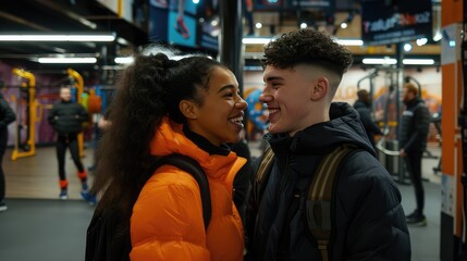 A girl and a guy are talking in a fitness club. Young people having fun chatting in the gym