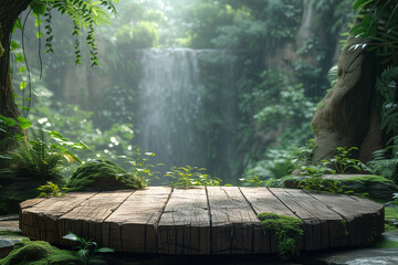 empty brown wooden podium on evergreen rain forest background with large waterfalls behind. Natural water product present placement pedestal counter display, spring summer jungle paradise concept. - obrazy, fototapety, plakaty