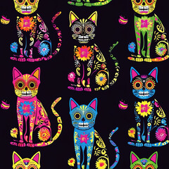 Cat sugar skull cute floral funny Halloween repeat pattern, Day of the Dead festival bone kitty decoration Calavera Mexican Gothic spooky repetitive cartoon