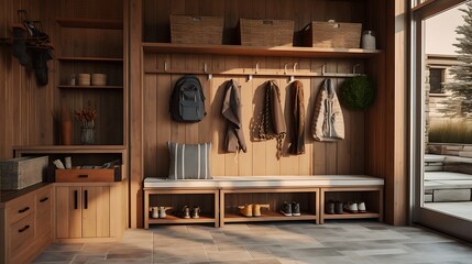 Obraz na płótnie Canvas An outdoor-inspired mudroom with hidden storage benches for outdoor gear