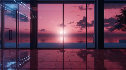 a glass door with a sunset in the background