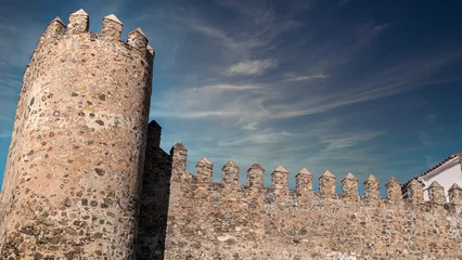 Fotobehang Restos muralla almenada medieval en la puerta de Burgos en la villa de Jerez de los Caballeros, España, con cielo editado © David Andres