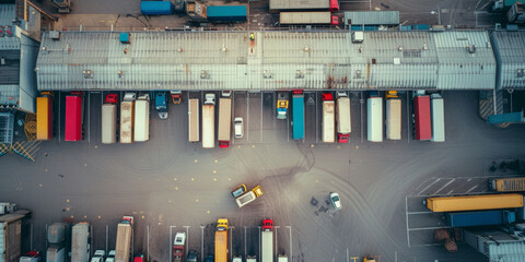 Drone shot of a bustling truck service