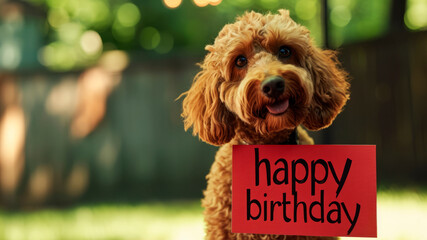golden doodle with a sign that reads "happy birthday"
