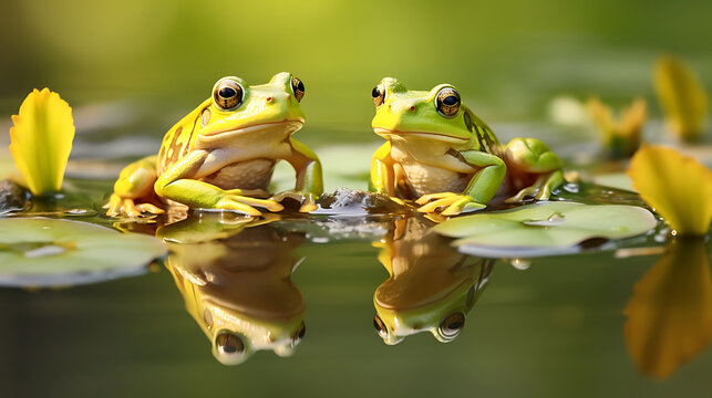 Green and golden bell frogs in wetlands.
