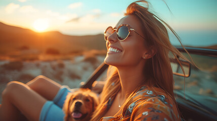 A man and woman have a road trip by a car with a dog. They look out at mountains.