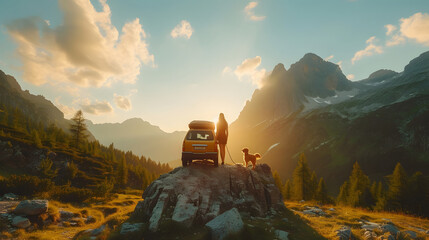 A man and woman have a road trip by a car with a dog. They look out at mountains. - obrazy, fototapety, plakaty