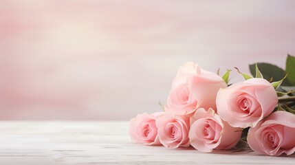 Pink rose twig and blurred bunch of roses on white wooden table in background. Women day concept. Holiday, 8 march, birthday, anniversary, spring, generative ai, - obrazy, fototapety, plakaty