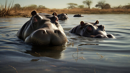 Hippos submerged in a waterhole.