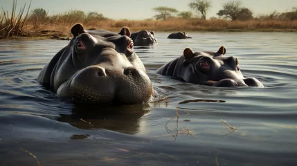 Papier Peint photo autocollant Buffle Hippos submerged in a waterhole.