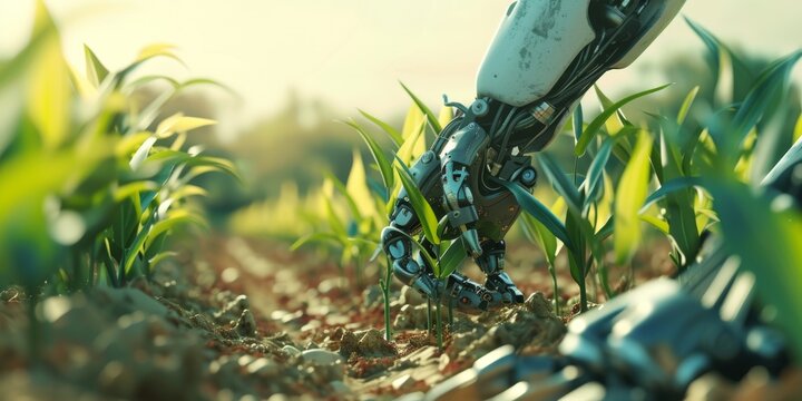 Photorealistic Image of a robot gently checking crops