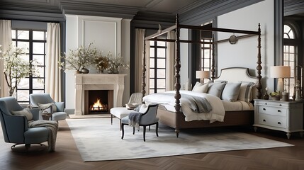 An elegant bedroom featuring a canopy bed and luxurious velvet-upholstered furniture