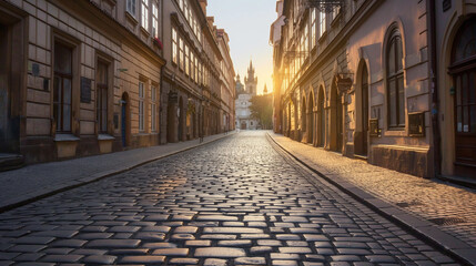 Fototapeta na wymiar Sunrise Serenade in Prague: The First Rays of Sun Casting Golden Light on the Timeless Cobblestone Streets and Baroque Towers.