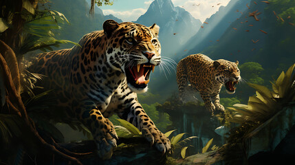 Jaguars hunting in the jungle.