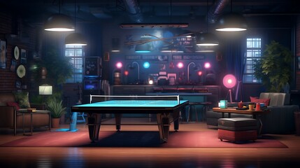 An eclectic entertainment space with a ping pong table and retro arcade machines