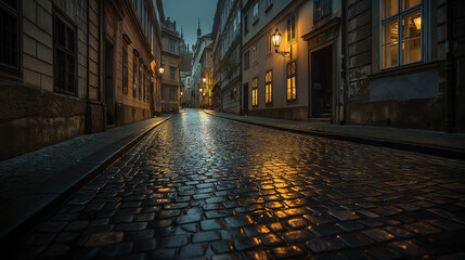 Mystical Twilight in Prague: Rain-Slick Cobblestone Street Illuminated by the Warm Glow of Antique Street Lamps.
