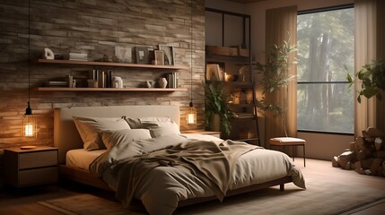 An earthy-toned bedroom with hidden storage solutions, combining warm browns, greens, and beige for a natural feel