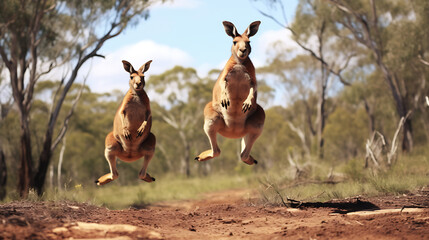 Kangaroos hopping through the bush. - obrazy, fototapety, plakaty