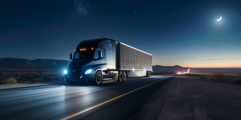 Sleek Aerodynamic Semi-truck at night
