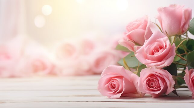 Pink rose twig and blurred bunch of roses on white wooden table in background. Women day concept. Holiday, 8 march, birthday, anniversary, spring, generative ai,