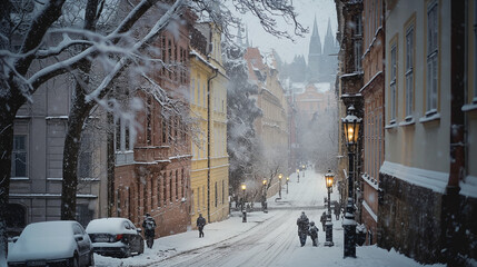 Winter Whisper in Prague: Snowflakes Dancing Over Cobblestone Streets with Warm Lantern Glow and Majestic Gothic Spires in the Distance.