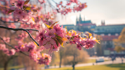 Prague Spring Blossoms: Delicate Cherry Blossoms Framing the Historic Castle and Cathedral in the Warm Glow of Morning Light.