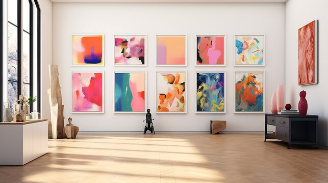 An art lover's gallery wall showcasing modern and abstract artworks in the hallway