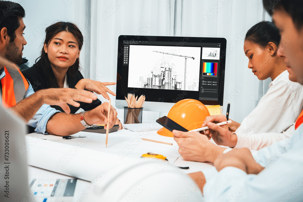 Poster diverse group of civil engineer and client working together on architectural project, reviewing cons