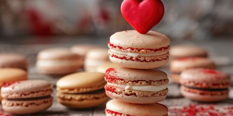 A Stack of Macarons with a Heart-Shaped Macaron on Top