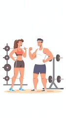 Fototapeta na wymiar A girl and a guy are talking in a fitness club. Young people chatting cheerfully in the gym. Sports concept