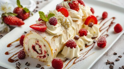 Delicious Cake Roll with Strawberries and Cream on White Table, Close-Up, with Syrup, Food Photography on a Light Background