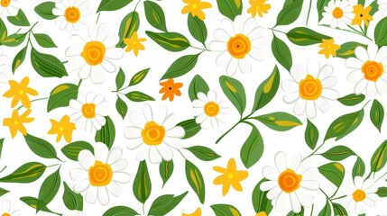 Field of Flowers with Leaves on a White Background