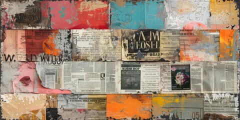 Vintage Style Mixed Media Collage Featuring Typography, Newspaper Clippings, and Abstract Patterns, Seamless Pattern for Wallpaper or Background